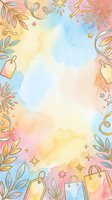 Watercolor background with hand-drawn botanical elements, shopping bags, and stars arranged as border frame on pastel gradient. Isolated design perfect for greeting cards, invitations, social media graphics, and commercial projects.
