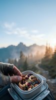 Hiker enjoying trail mix snack during mountain adventure at sunset with scenic alpine landscape and golden hour lighting for outdoor recreation.