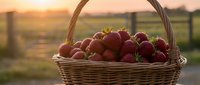 Fresh ripe strawberries in wicker basket at sunset with rural farm landscape background for healthy eating and organic agriculture concepts.