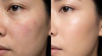 Before and after skincare treatment showing dramatic improvement in facial skin texture and tone with reduced redness and enhanced smoothness.