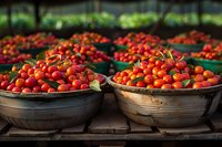 Fresh ripe tomatoes in rustic metal bowls at farmers market, natural lighting creates dramatic shadows highlighting vibrant red produce display.
