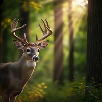 Majestic white-tailed deer buck with impressive antlers standing alert in sunlit forest during golden hour hunting season wildlife photography.