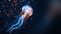 Translucent jellyfish floating in dark ocean water with glowing tentacles and colorful bokeh lights creating magical underwater atmosphere for marine biology content.