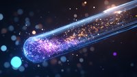 Glowing test tube with magical sparkling contents in purple and blue colors against dark background with bokeh lights and luminous effects.