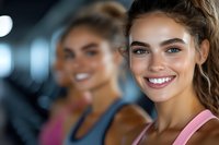 Young athletic women with bright smiles wearing pink and blue tank tops at fitness center. Healthy lifestyle and workout motivation concept for sports advertising.
