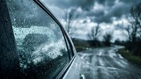 Car side mirror with raindrops reflecting stormy sky and wet road during heavy rainfall creating dramatic weather driving conditions and reduced visibility.