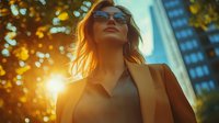 Young Caucasian businesswoman in sunglasses and beige coat looking up confidently against urban skyscraper background with golden sunset light and bokeh effect.