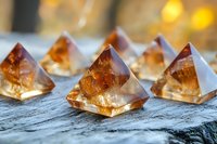 Amber crystal pyramids arranged on textured stone surface with golden bokeh background, creating mystical healing atmosphere for wellness and meditation spaces.