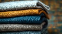 Stack of folded cozy knitted sweaters in trendy autumn colors grey, mustard yellow and teal blue, arranged neatly on textured background. Seasonal fashion concept.
