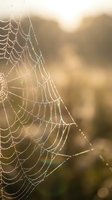 Spider web covered in morning dew drops with golden sunlight and soft bokeh background creating magical natural atmosphere for outdoor photography projects.