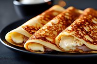 Thin golden crepes rolled with filling on black plate, close up view showing delicate lacy texture and crispy edges. Traditional French breakfast or dessert serving.
