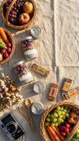 Healthy picnic spread with fresh fruits, vegetables, granola jars and chia pudding on sandy beach blanket for outdoor dining and wellness lifestyle.