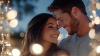 Romantic couple embracing at twilight surrounded by glowing string lights and bokeh effect, sharing intimate moment with gentle smiles and tender touch.