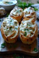 Freshly baked bread boats filled with melted cheese and herbs, garnished with chopped parsley on wooden cutting board, traditional Georgian khachapuri style.