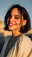 Portrait of young woman with short dark hair smiling at sunset, wearing gold hoop earrings and white blouse against blurred urban background.