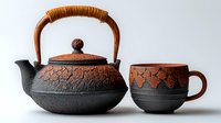 Traditional cast iron teapot and cup with textured rust-colored glaze and woven bamboo handle, perfect for tea ceremony or rustic home decor.