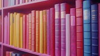 Colorful hardcover books arranged on wooden shelf in rainbow order from yellow to pink and blue, creating vibrant library collection display for education and reading.