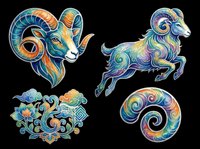 Colorful zodiac ram and goat illustrations with ornamental swirls, isolated on transparent background. Ready for t-shirt design, clipart, stickers, sublimation, and print-on-demand products.