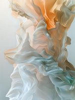 Abstract fluid art with flowing peach, white, and teal waves creating an ethereal, dreamy composition for modern interior design backgrounds.