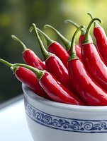 Fresh red chili peppers arranged in white and blue ceramic bowl with traditional pattern, close-up view showing glossy texture and green stems against soft background.
