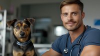 Young male veterinarian in blue scrubs with stethoscope smiling at camera alongside alert mixed breed dog in modern veterinary clinic setting. Professional healthcare portrait.