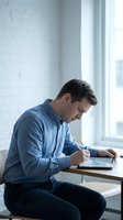 Focused businessman in blue shirt writing notes at wooden desk by window in modern office interior for productivity and professional work concepts.