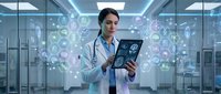 Female doctor using digital tablet with holographic medical icons in modern hospital corridor. Healthcare technology and telemedicine concept for future medicine.