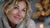 Mature woman with blonde wavy hair and blue eyes smiling gently against blurred golden bokeh background, wearing cozy knit sweater.
