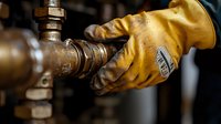 Worker in protective yellow gloves adjusts industrial pipe valve system, close-up view showing maintenance and repair work in plumbing or manufacturing setting.