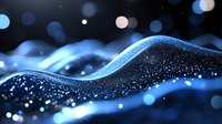 Glowing blue waves with sparkling particles and bokeh lights create dynamic flowing motion against dark background, abstract modern design element.