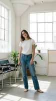 Young Caucasian woman in white t-shirt and blue jeans standing barefoot in bright minimalist loft studio with green plants and large windows.