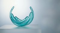Turquoise glass crescent moon sculpture with flowing curved lines on reflective surface, modern artistic home decor accent piece for contemporary interior design.