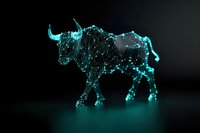 Glowing turquoise bull formed by connected dots and lines against dark background, representing digital transformation and financial technology concept.