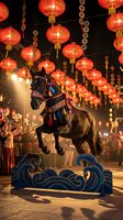 Majestic horse performer leaping through decorative hoop under glowing red lanterns during traditional festival celebration with cheering crowd in background.