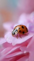 Macro shot of red ladybug with black spots resting on soft pink flower petal against blurred pastel background, showcasing delicate natural details and spring atmosphere.
