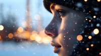 Young Asian woman profile in winter evening with bokeh lights and falling snow, soft focus portrait capturing serene contemplative moment in cold weather.