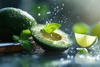 Fresh cut avocado with water drops splashing, bright green leaves and lime slices on dark background, dramatic lighting creates gourmet food atmosphere.