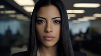 Close-up portrait of young Hispanic businesswoman with long straight dark hair in modern office environment, serious expression conveying confidence and professionalism.
