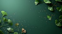 Green ginkgo biloba leaves with golden elements scattered on dark emerald background create luxurious botanical composition for wellness design.