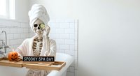 Skeleton enjoying spa day with towel and cucumber eye mask in modern bathroom for Halloween wellness concept.