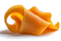 Fresh orange peel spiral with detailed textured surface on white background, macro shot showing citrus zest curves and natural pattern.