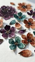 Dried flower petals and blooms in purple, brown, teal and burgundy arranged on white background for craft, scrapbooking and design projects.
