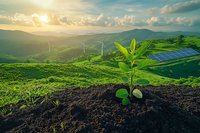 Young green plant growing from soil against renewable energy landscape with wind turbines and solar panels at sunset, symbolizing sustainable development and clean power.