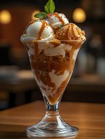Layered caramel sundae with vanilla ice cream scoops, drizzled with salted caramel sauce, topped with mint leaves and colorful sprinkles in elegant glass, bokeh background.