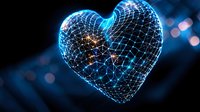 Glowing blue digital heart shape made of connected dots and lines floating in dark space with bokeh lights, representing network connectivity and love concept.