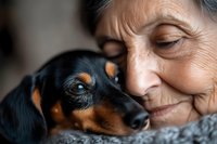 Senior woman with gray hair tenderly bonding with small black and tan dachshund puppy in intimate close-up portrait showing unconditional love between pet and owner.