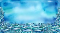 Abstract ocean waves border frame with decorative swirls and marine elements on blue watercolor background for nautical design projects.