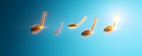 Golden musical notes floating on turquoise blue background with soft glow effect and light rays, creating melodic composition for music and entertainment designs.