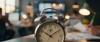 Vintage alarm clock on office desk with blurred workspace background showing time management and productivity concepts for business professionals.