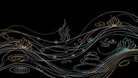 Elegant flowing water waves with lotus flowers and ripples in golden line art style on black background for luxury design projects.